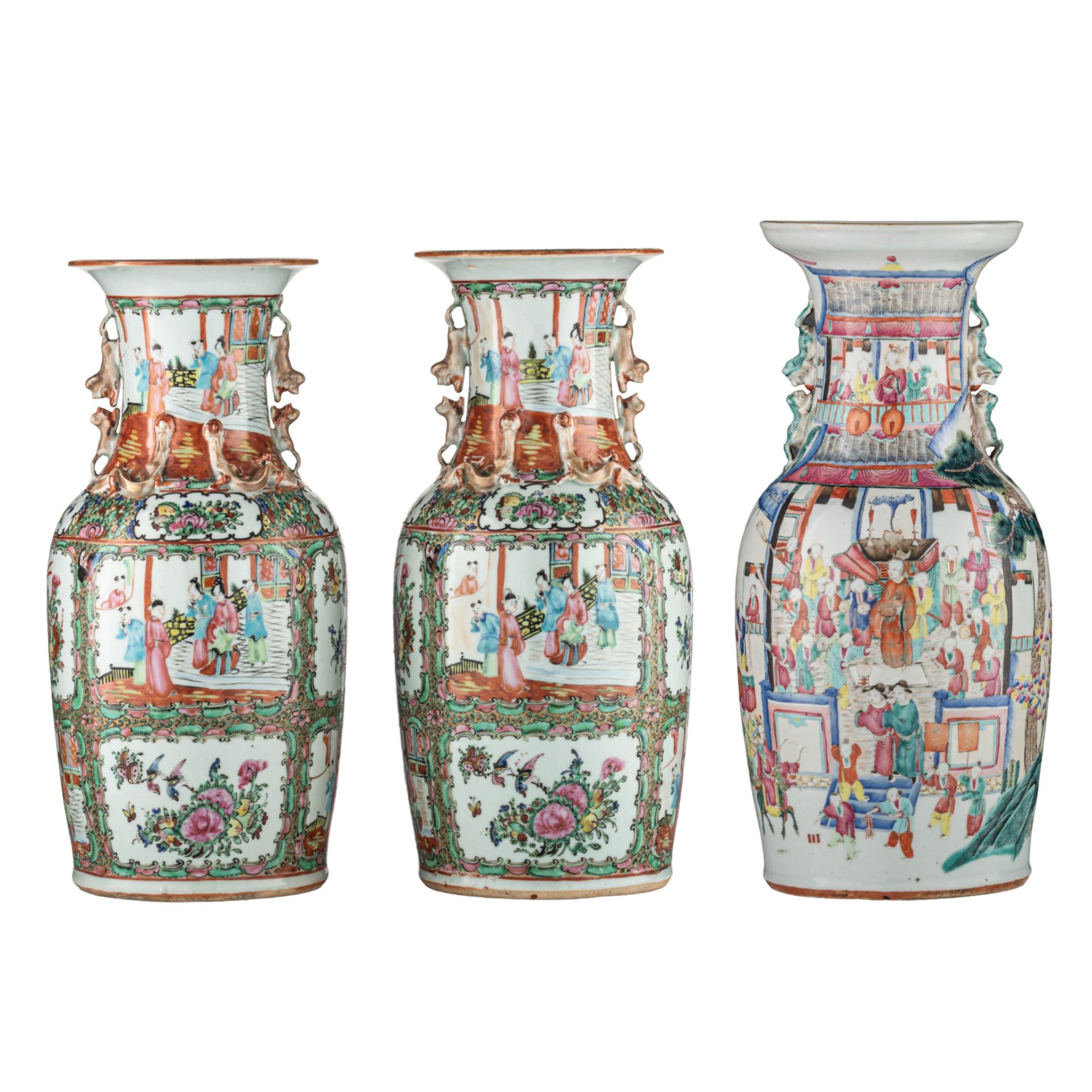 A Chinese famille rose 'One Hundred Boys' vase, 19thC, H 45,5 cm - added a pair of Chinese Canton va