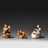 Three ivory netsuke, 19thC, H 4,8 - 5,2 - 3,2 / 26g - 23g - 20g (+)