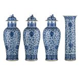 An impressive Chinese blue and white four-piece garniture set, late Qing, H 61 - 63,5 cm