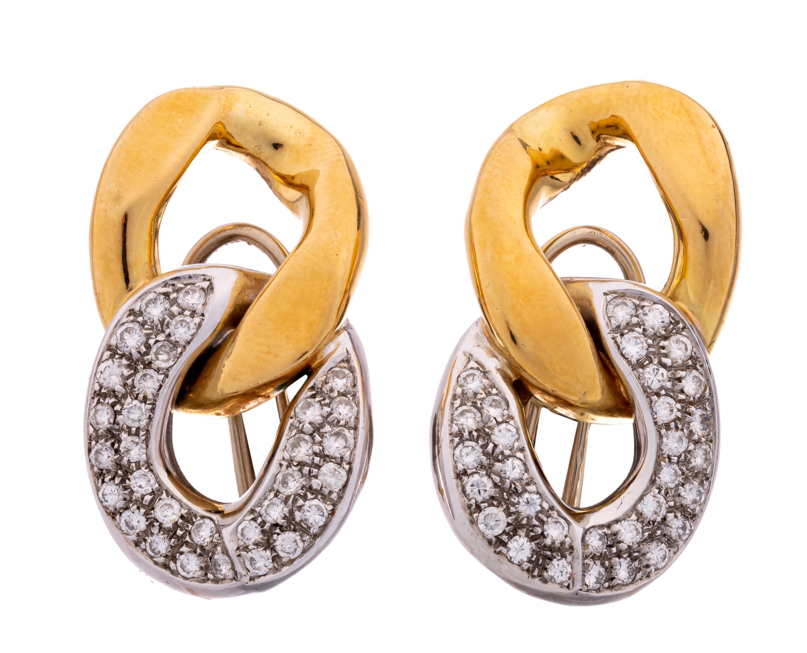 A pair of yellow and white 18ct gold earrings, set with brilliant-cut diamonds, H 4 cm
