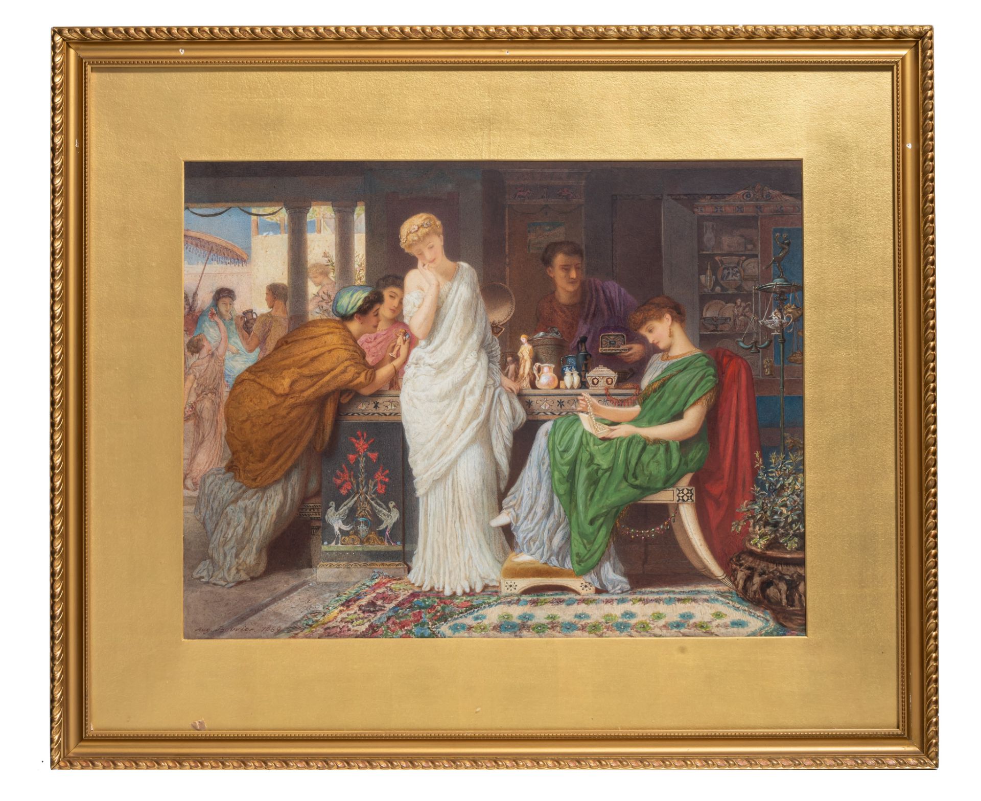 Augustus Jules Bouvier (1825-1881), antique beauties at the merchant, 1869, watercolour, 38 x 50 cm - Image 2 of 4