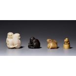 Three okimono and one netsuke, ivory 43g - 5g (+)