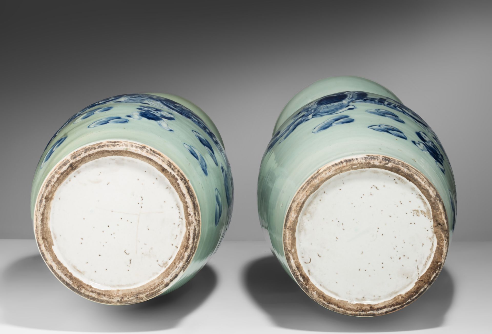 A pair of Chinese blue and white on celadon ground 'Immortals' vases, 19thC, H 58 cm - Bild 7 aus 7