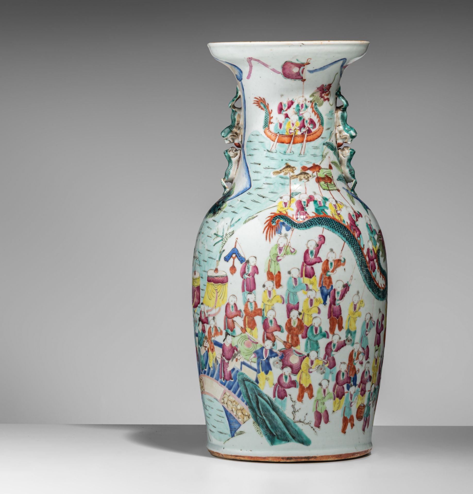 A Chinese famille rose 'One Hundred Boys' vase, 19thC, H 45,5 cm - added a pair of Chinese Canton va - Bild 10 aus 26