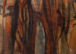 Floris Jespers (1889-1965), African lady walking in the forest, oil on paper, 35 x 50 cm