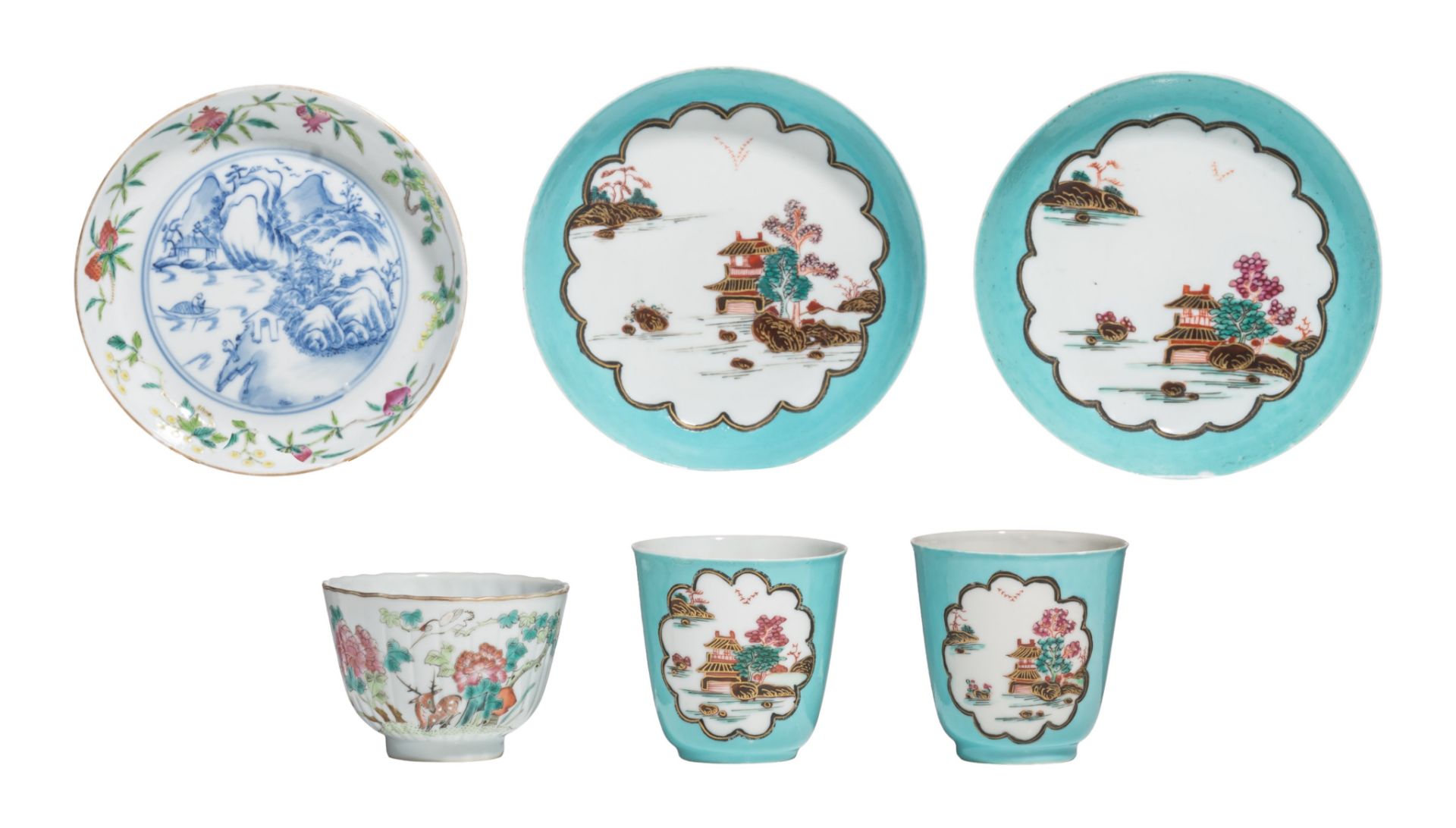 Two rare sets of Meissen-inspired Chinese export porcelain cups and saucers, 18thC, tallest H 7,5 cm