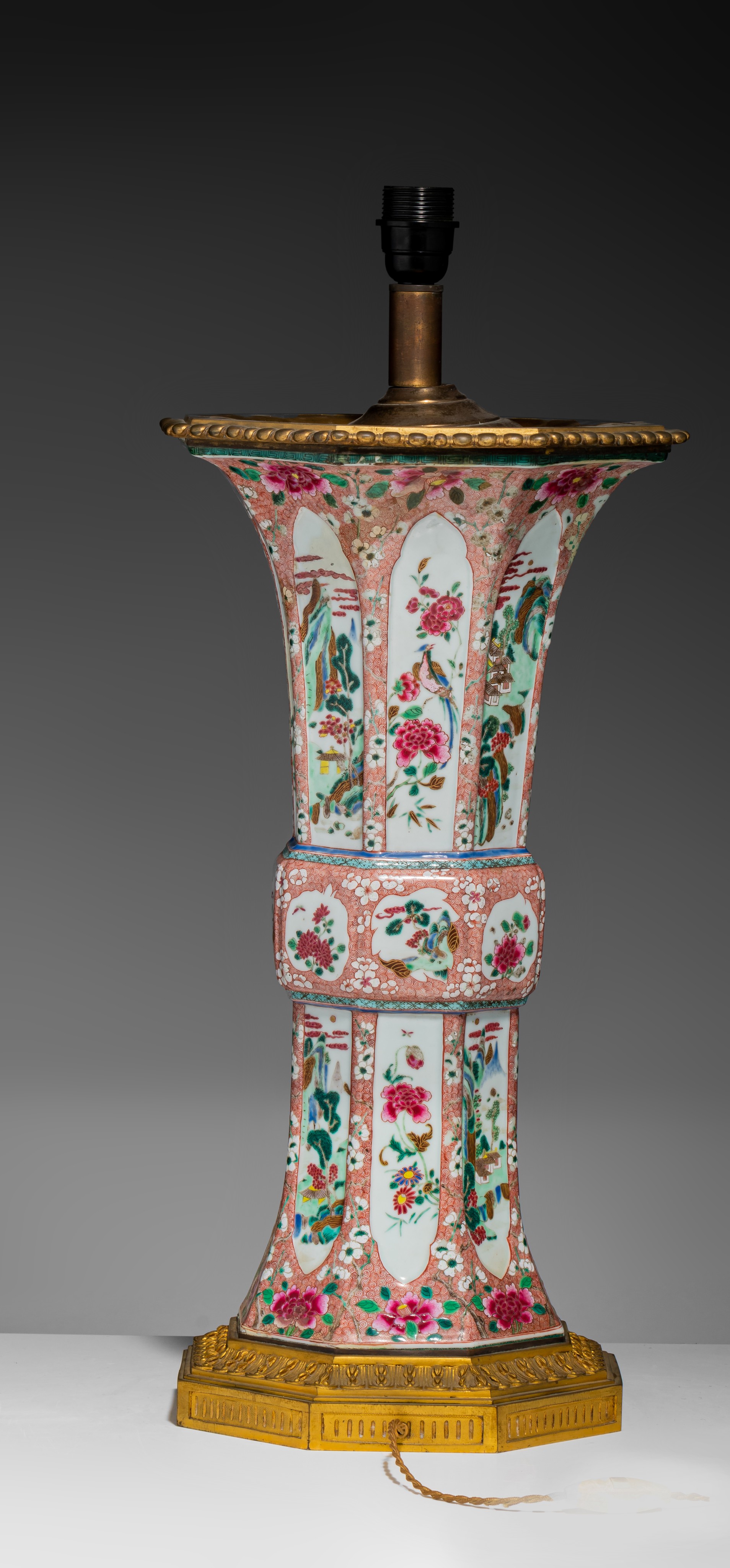 A large Chinese famille rose faceted Gu-shaped beaker vase, mounted as a lamp, Yongzheng/early Qianl - Image 5 of 7