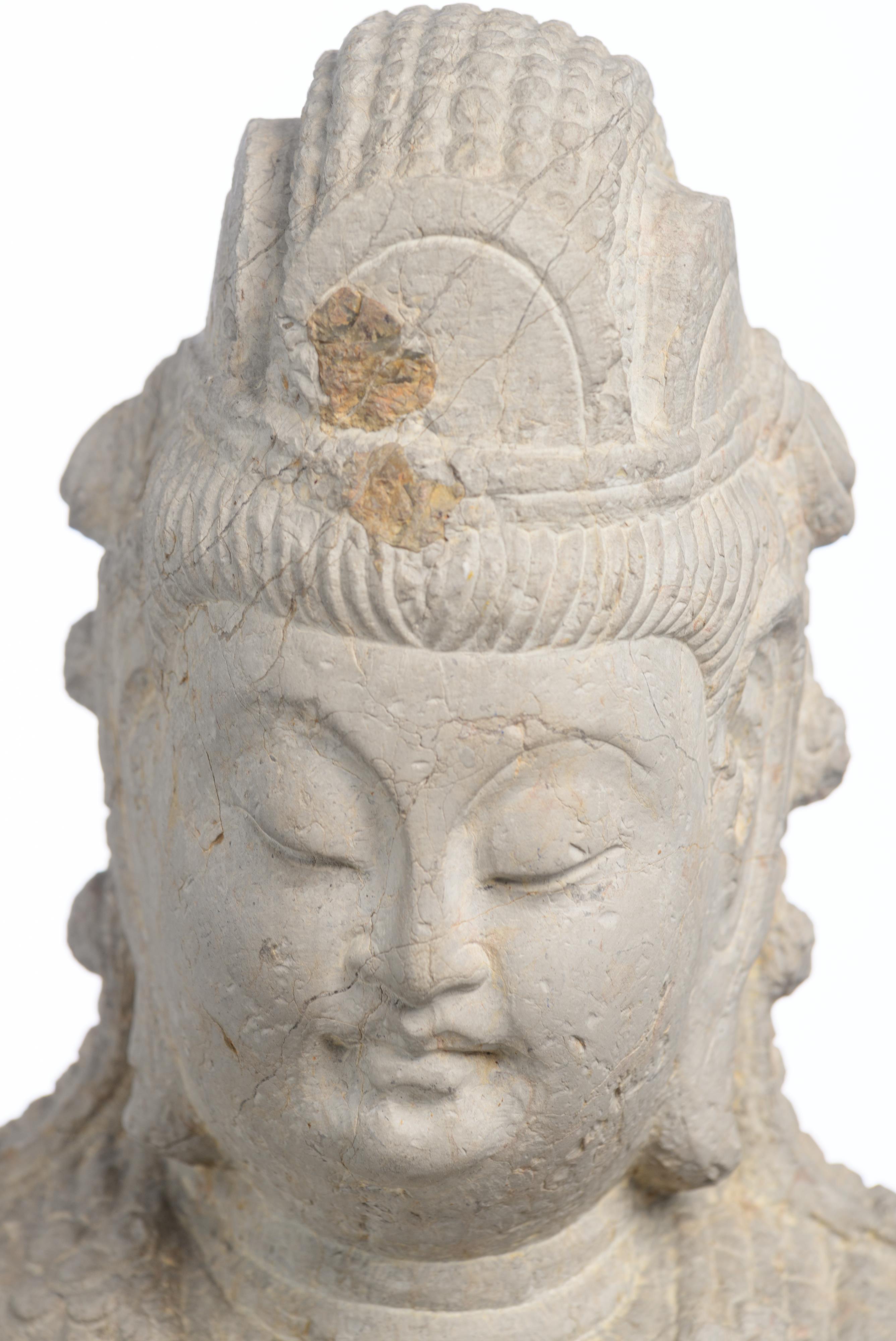 A Chinese grey limestone standing Bodhisattva, H 68 - W 24 cm - Image 7 of 18