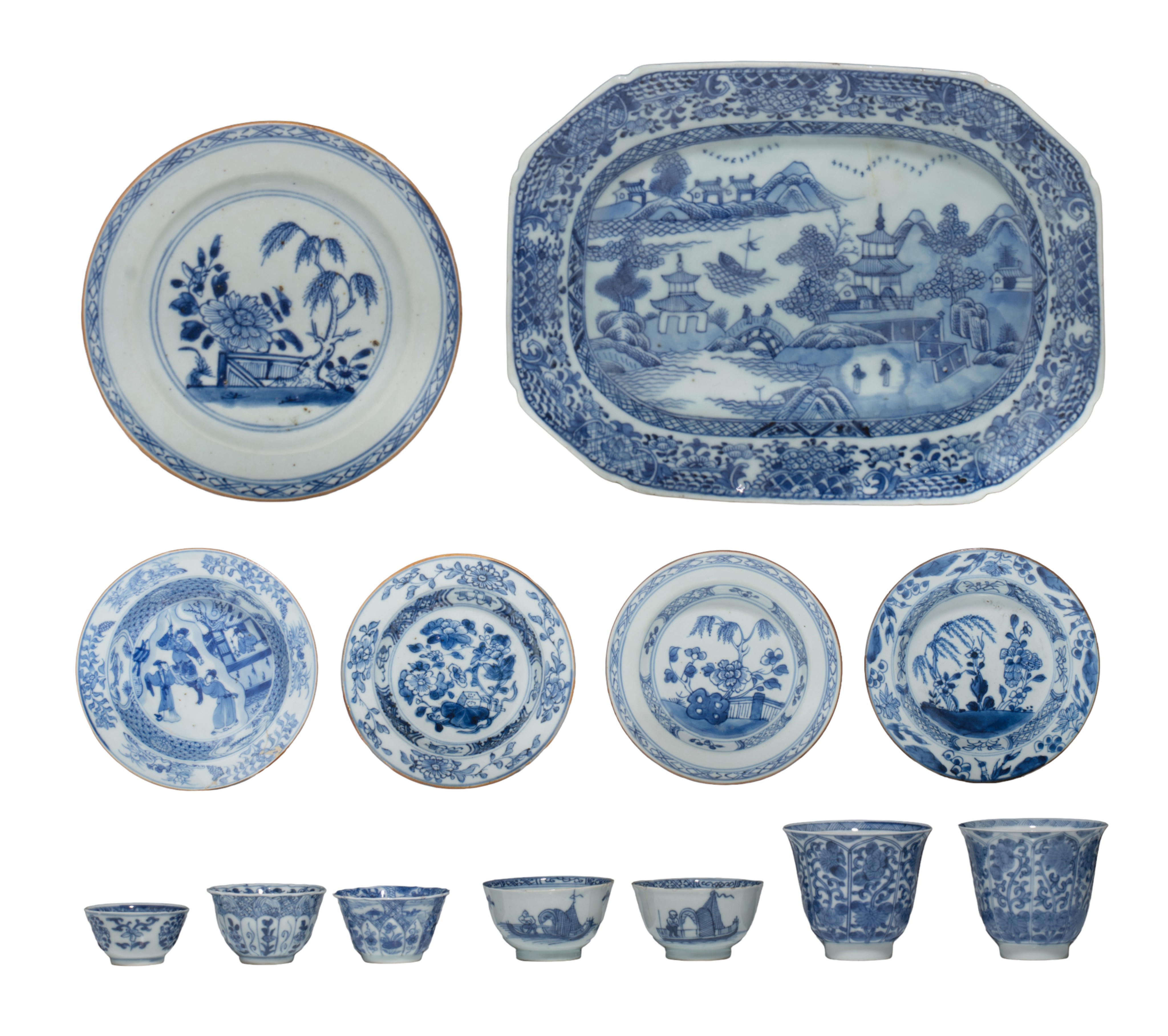 A collection of blue and white tea ware, Kangxi period, largest x cm