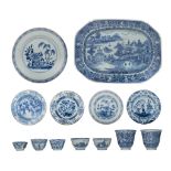 A collection of blue and white tea ware, Kangxi period, largest x cm