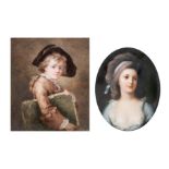 Two finely painted porcelain plaques of a boy and a girl in 18thC clothing, 9,5 x 12,5 - 12,5 x 15,5