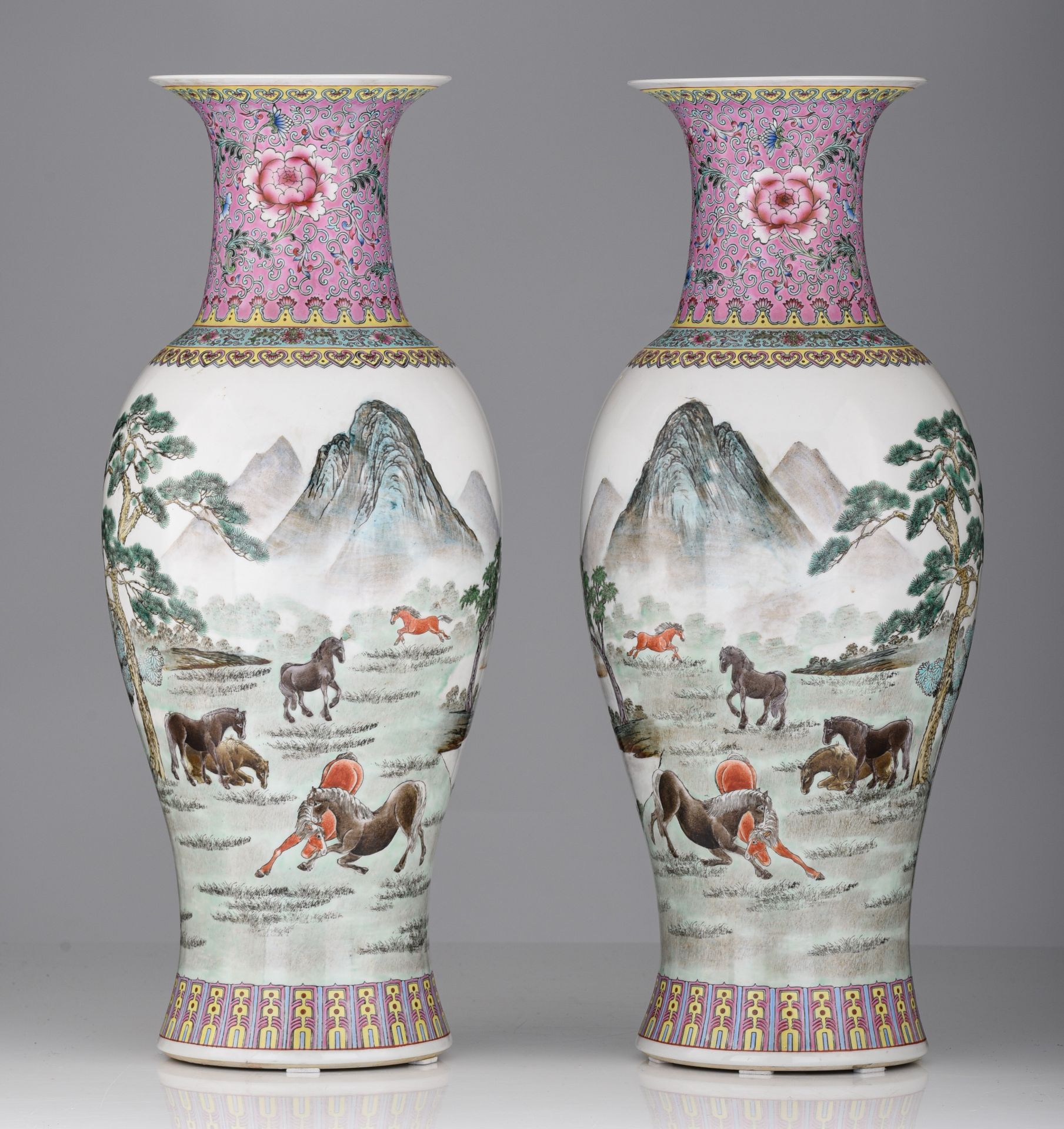 A pair of Chinese famille rose baluster vases, 20thC, H 61 cm - Image 2 of 8