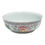 A large Chinese famille rose 'Buddhist Emblems' bowl, 19thC, H 12,7 - ø 36 cm