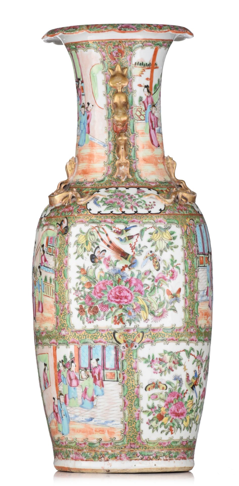 A Chinese Canton famille rose vase, paired with Fu-lion handles, 19thC, H 61,5 cm - Bild 2 aus 6