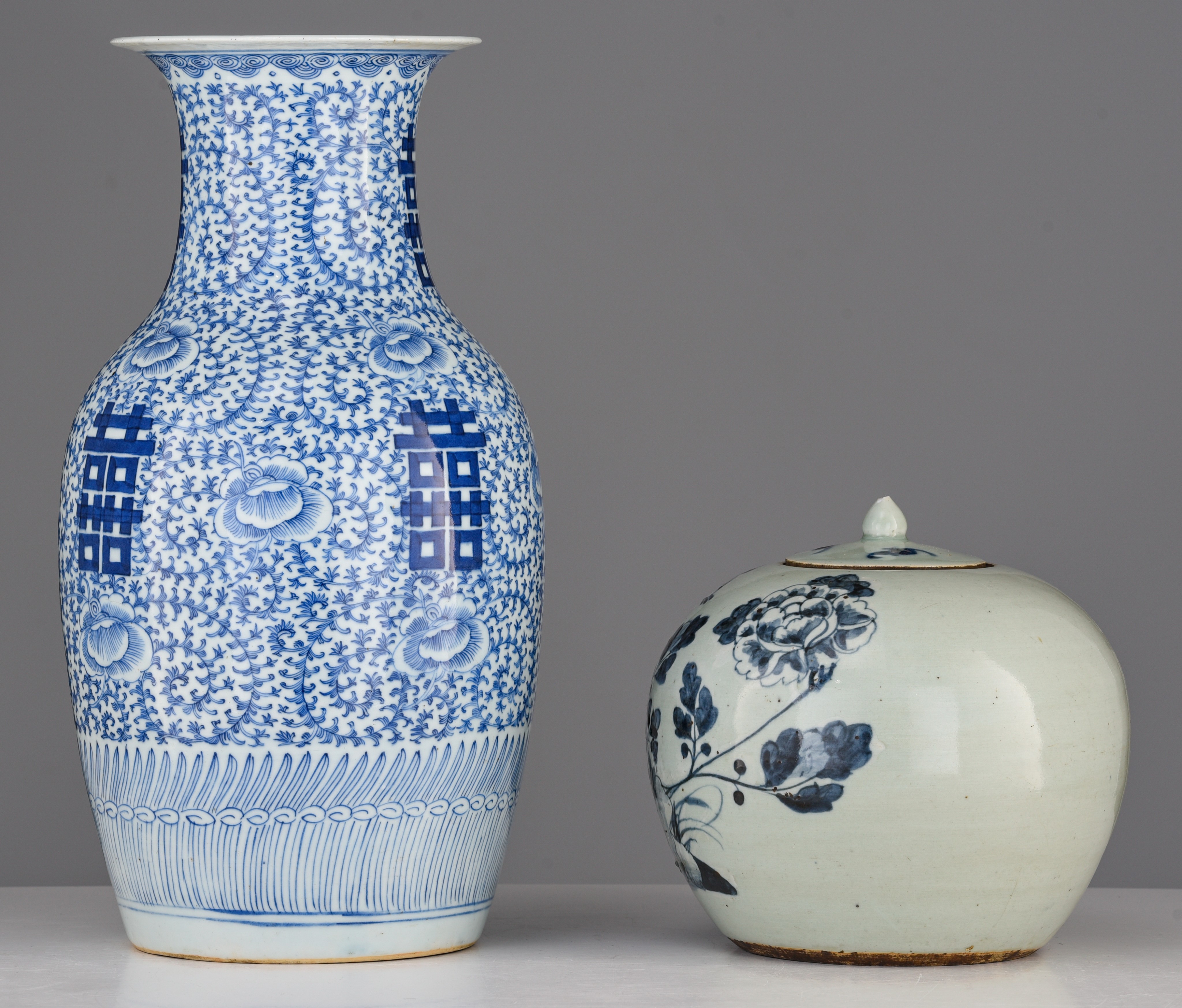 A Chinese blue and white 'Double-Xi' vase, 19thC, H 42,5 cm - added a blue and white on celadon grou - Image 3 of 7