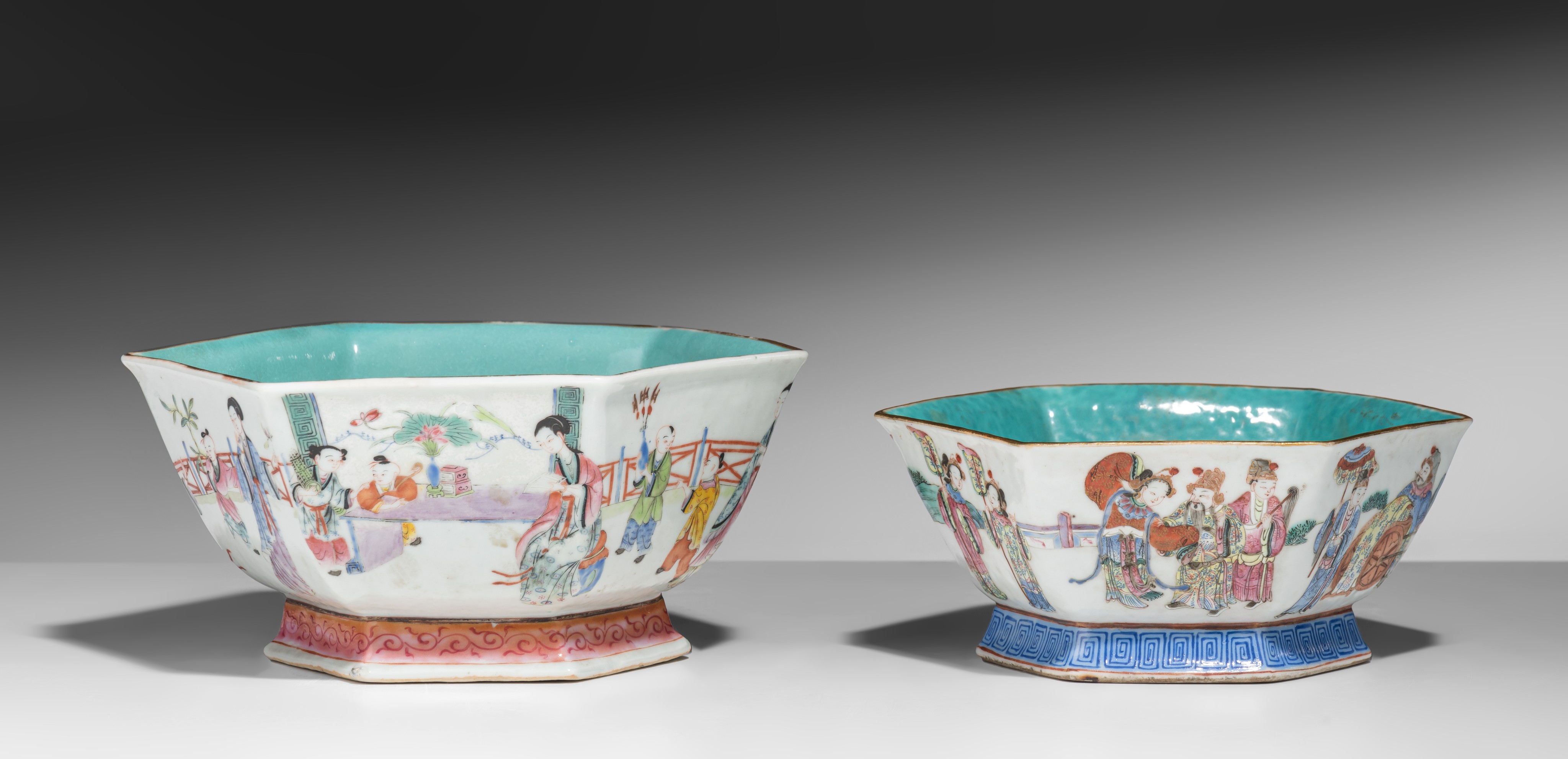 Two Chinese famille rose 'Figural' hexagonal footed bowls, the inside turquoise glazed, both marked - Image 2 of 9