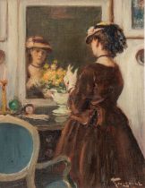 Fernand Toussaint (1873-1956), elegant lady in front of the mirror, oil on cardboard, 26,5 x 35 cm