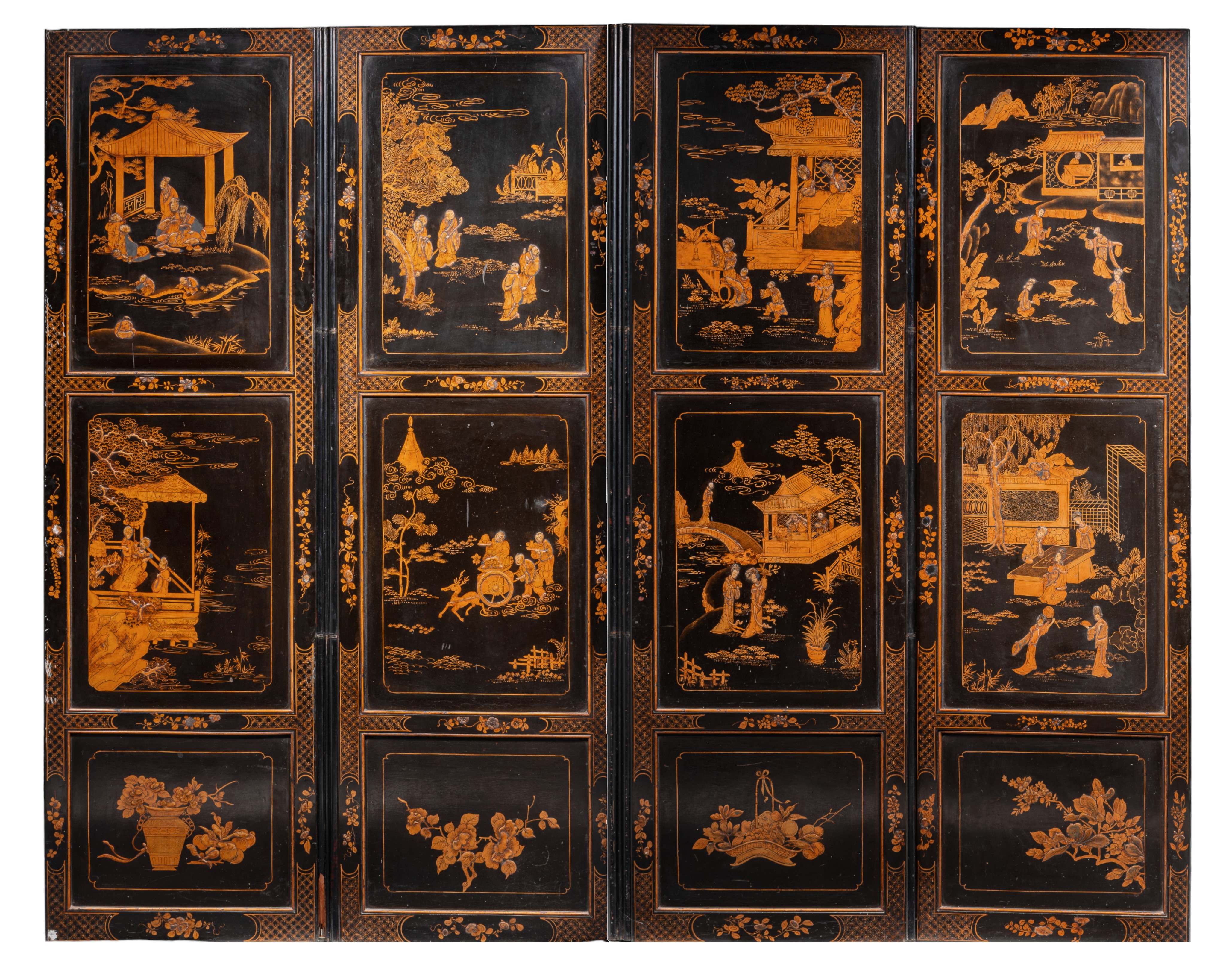 A Chinese gilt and black lacquered four-panel chamber screen, late 19thC, 60 x 198 cm (each panel)