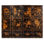 A Chinese gilt and black lacquered four-panel chamber screen, late 19thC, 60 x 198 cm (each panel)