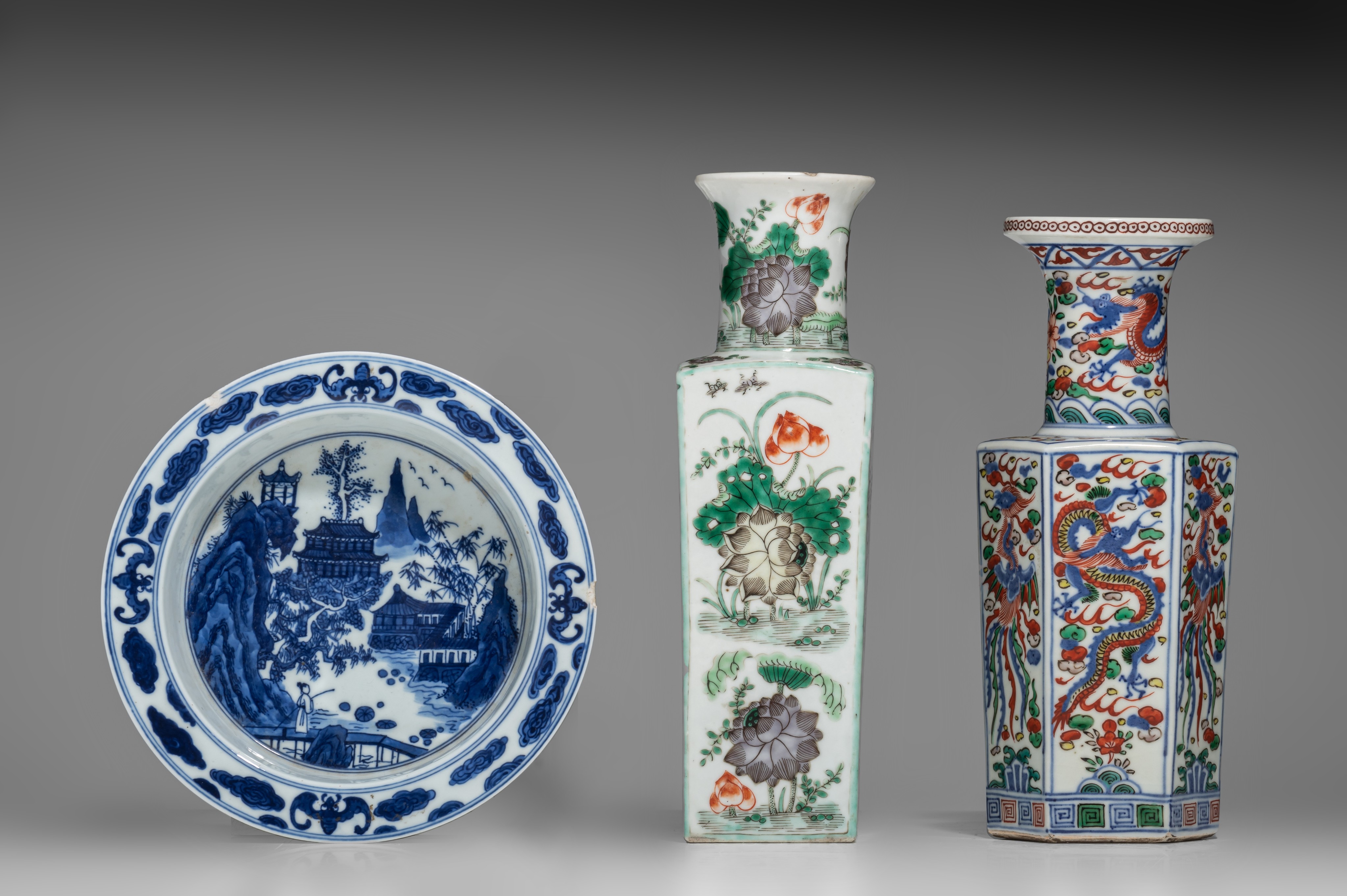 A Chinese famille verte fang hu vase, a wucai vase, blue and white small basin, all marked, 19thC an - Image 2 of 12