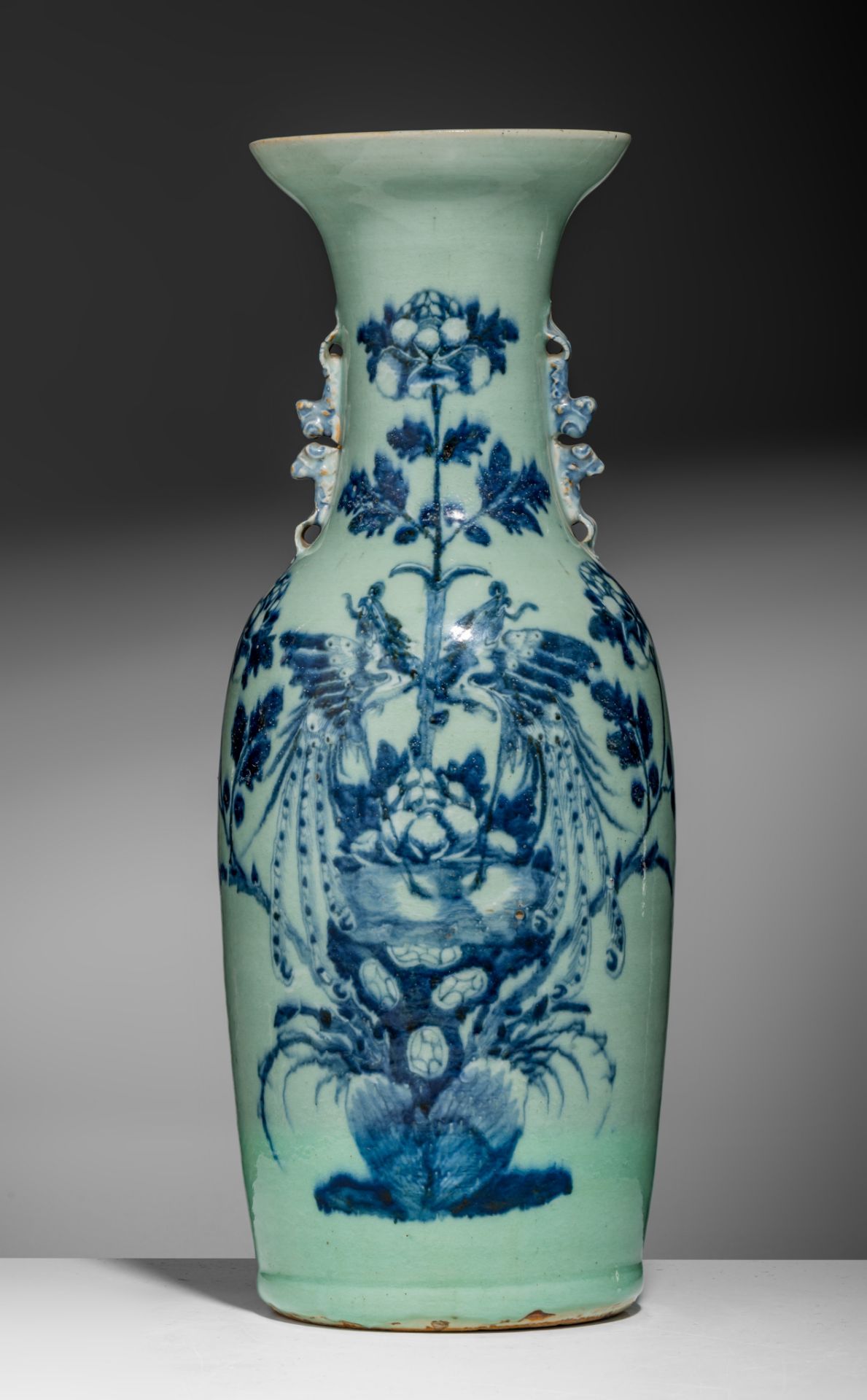 Three blue and white on celadon vases, 19thC, H 58 - 61 cm - Image 14 of 19