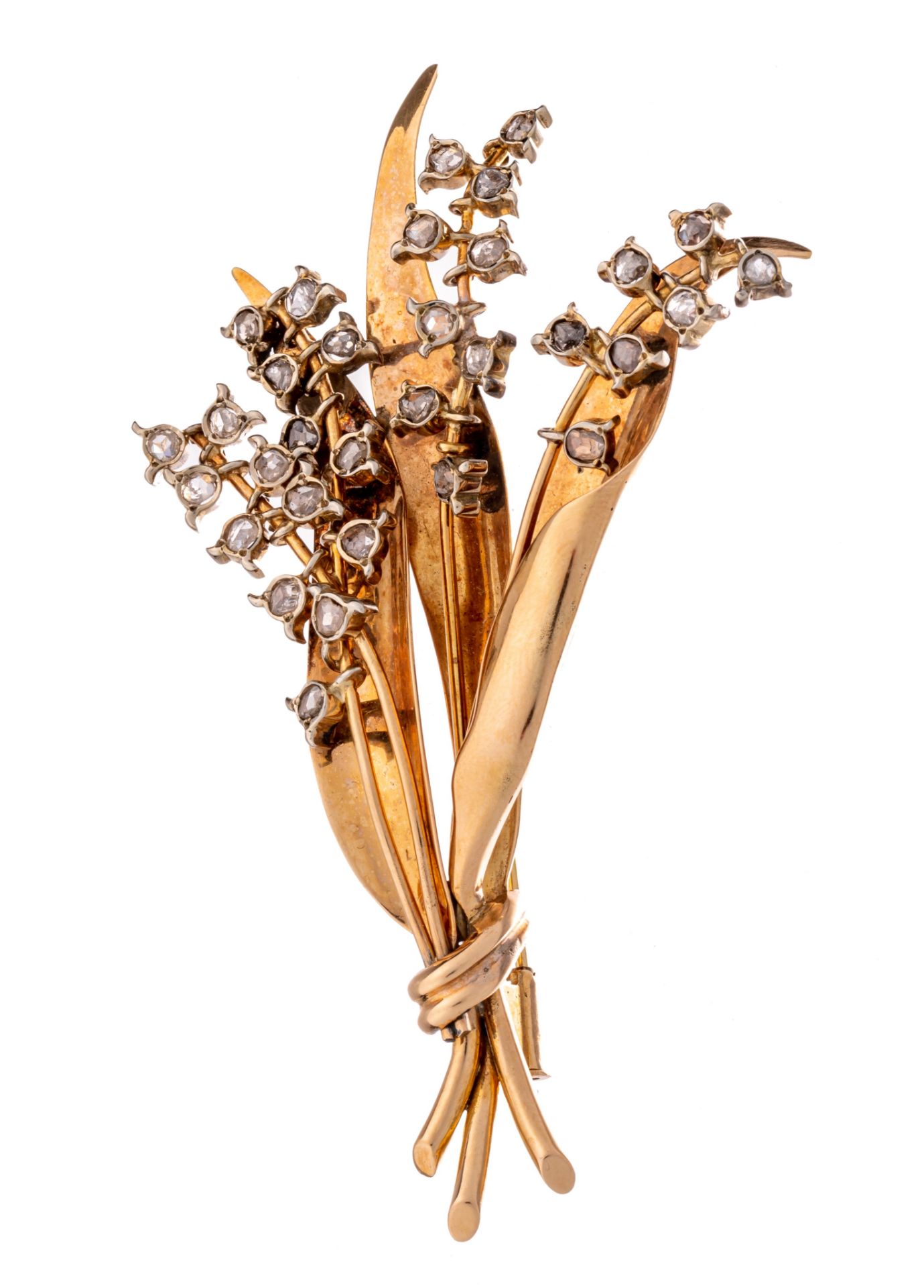A floral-shaped 18ct yellow gold brooch, set with diamonds, H 8,7 cm - 28 g - Image 4 of 4