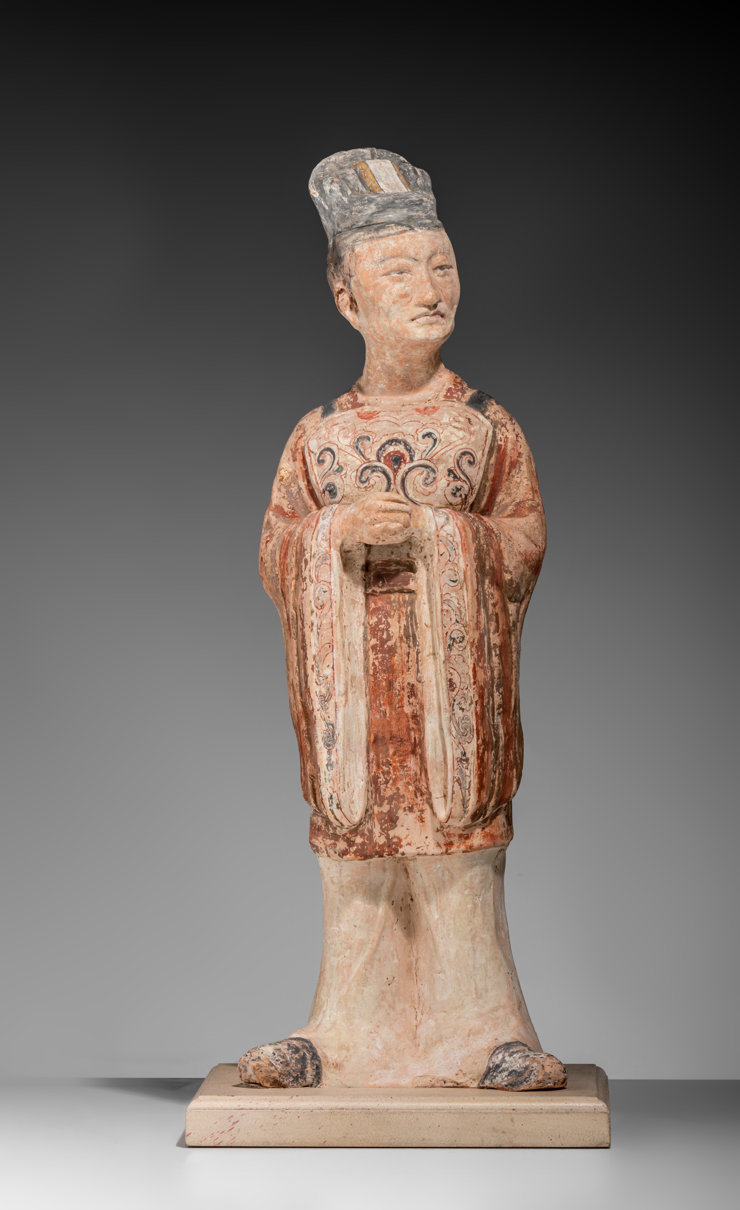 A series of two large Chinese painted pottery figures of officials, Tang dynasty, Total H 64,5 cm - Image 12 of 17