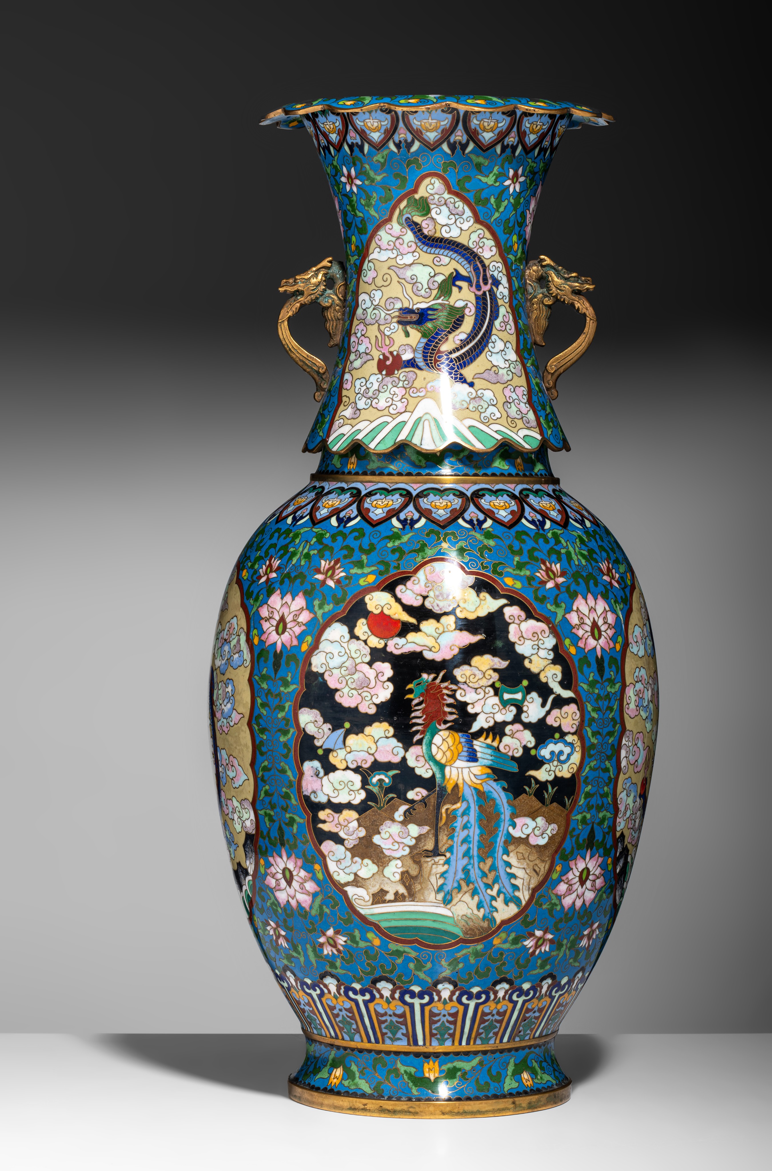 A Chinese cloisonné enamelled bronze vase, paired with dragon handles in gilt, with a Xuande mark, 2 - Image 4 of 11