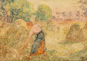 Modest Huys (1874-1932), 'De Hooister te Brakel', the harvest, ca. 1908, oil on board, 48,5 x 69,5 c