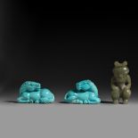 Two turqoise netsuke and a pendant, H 6,3 cm - H 5,2 cm - H 5,4 cm