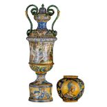 A large majolica-type vase on stand, and a matching smaller vase, H 22 - 85 cm