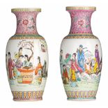 Two Chinese famille rose 'Figural' vases, 20thC, H 46,5 - 47 cm