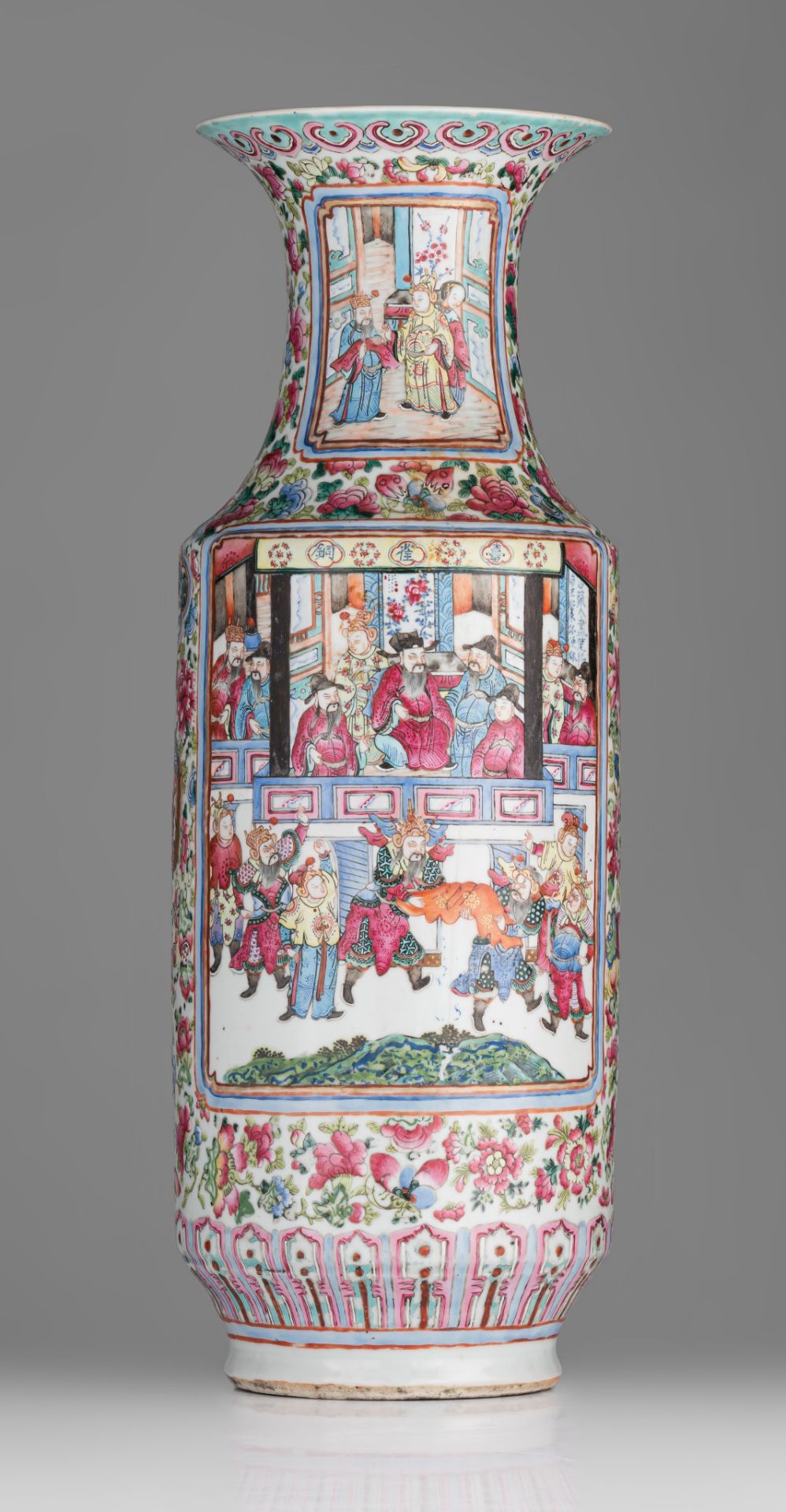 A Chinese famille rose 'Banquet' vase, and a blue and white vase, 19thC, H 59,5 - 65 cm - Image 4 of 13