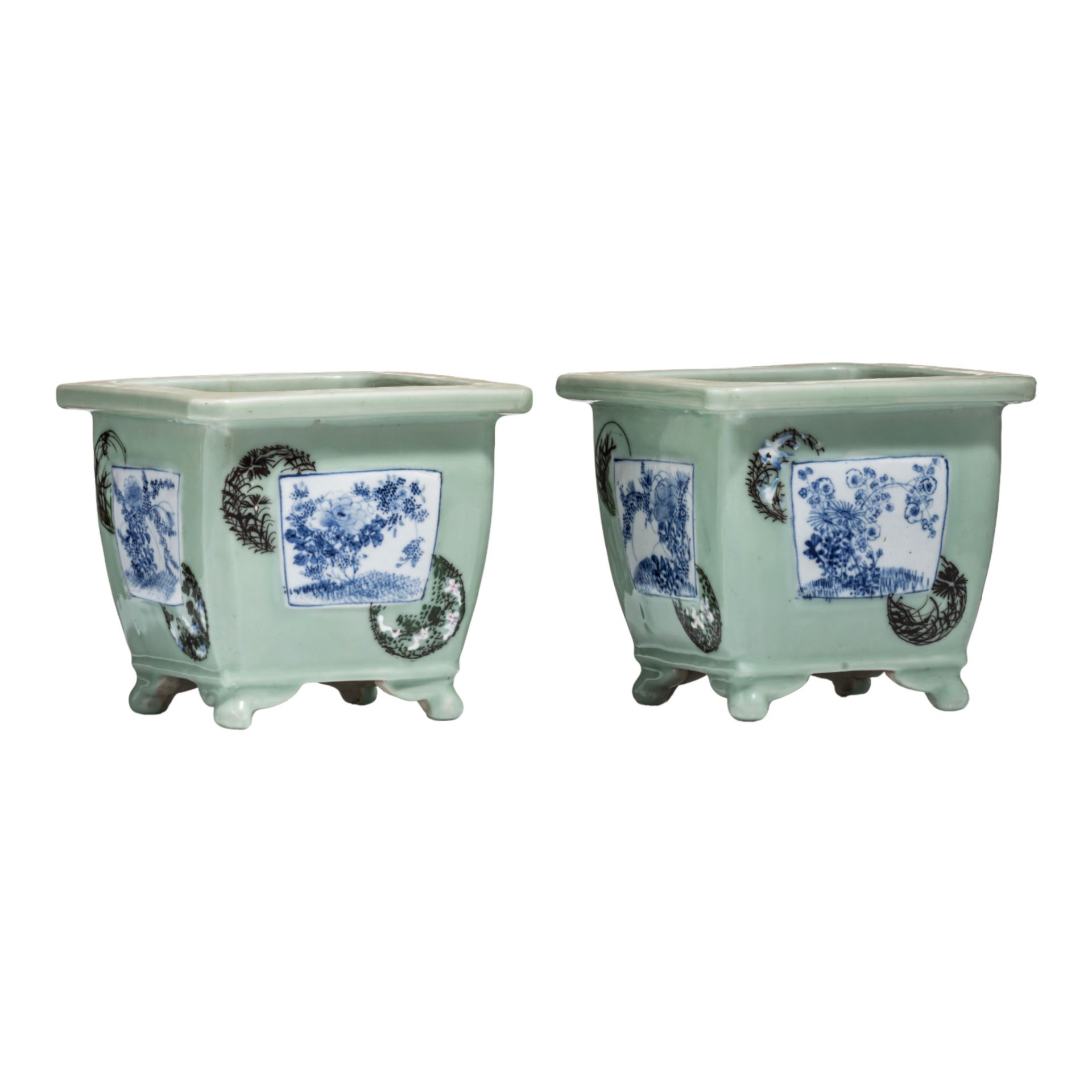 Two Japanese celadon ground planters, late Meiji/ early Taisho period, 17,5 x 17,5 cm - H 15,5 cm