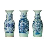 Three blue and white on celadon vases, 19thC, H 58 - 61 cm