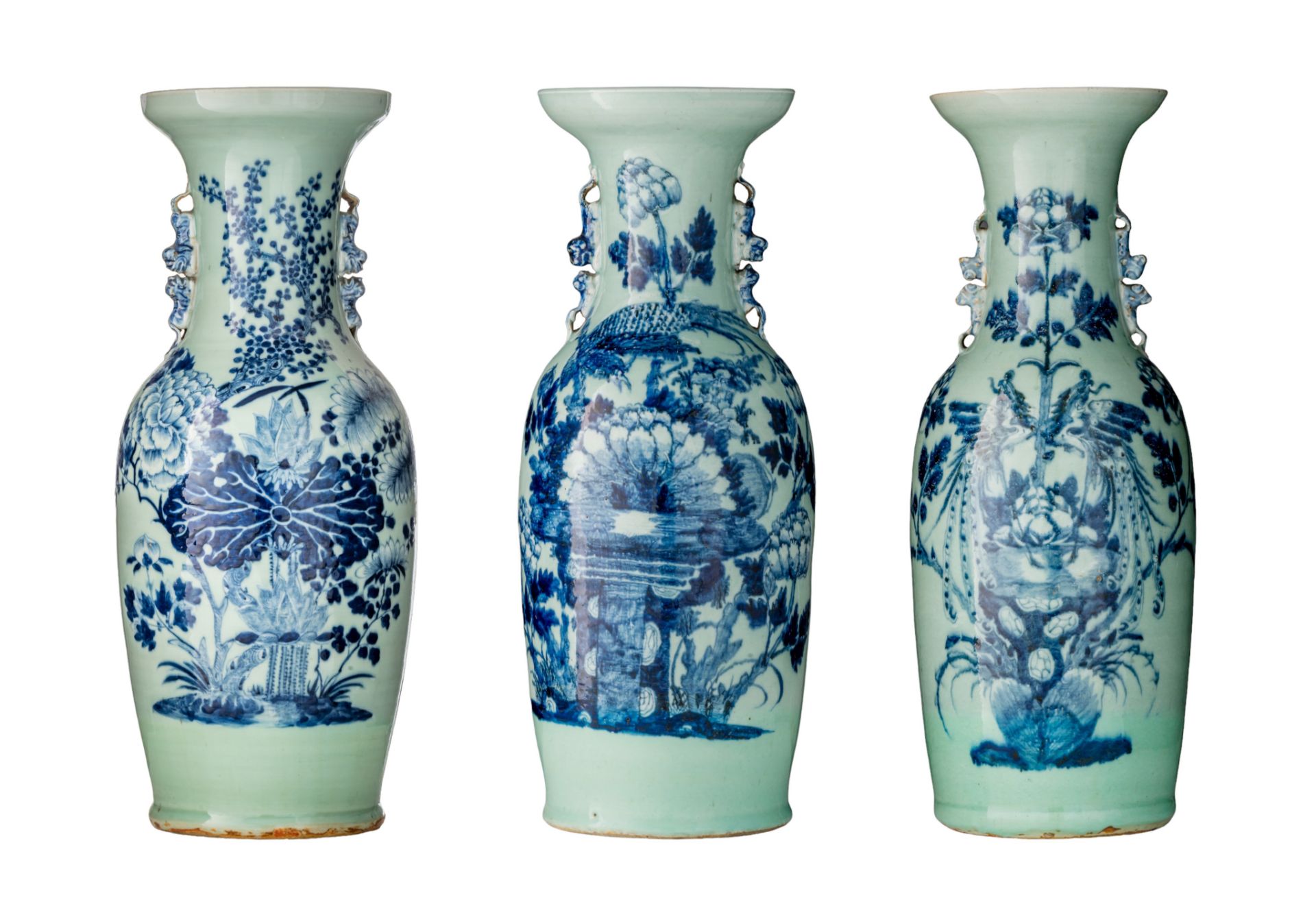 Three blue and white on celadon vases, 19thC, H 58 - 61 cm