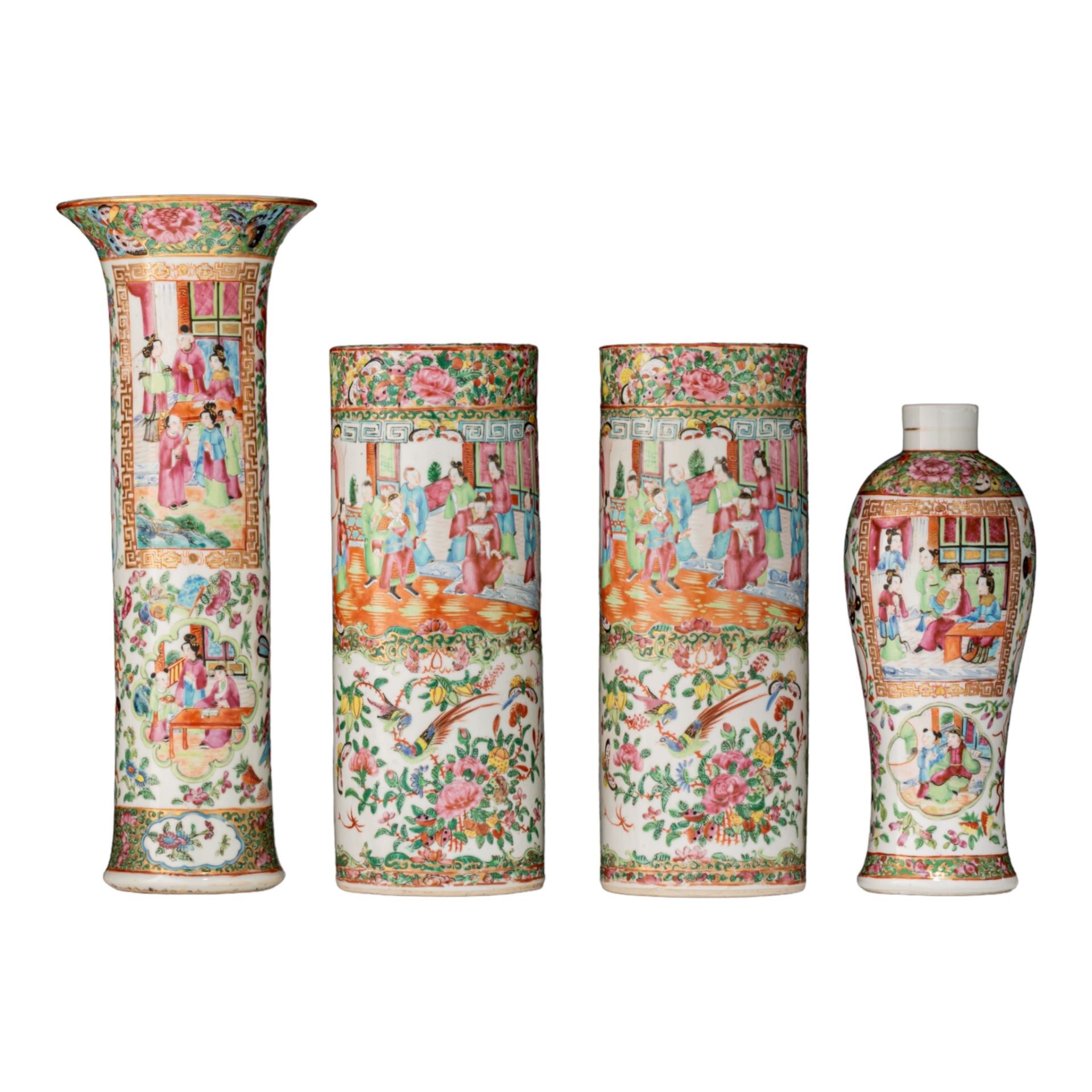 Four Chinese Canton famille rose garniture vases, 19thC, tallest H 39 cm