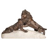 Armand Fagotto, two lions fighting, patinated bronze on a Carrara marble base, H 41 - 67 cm