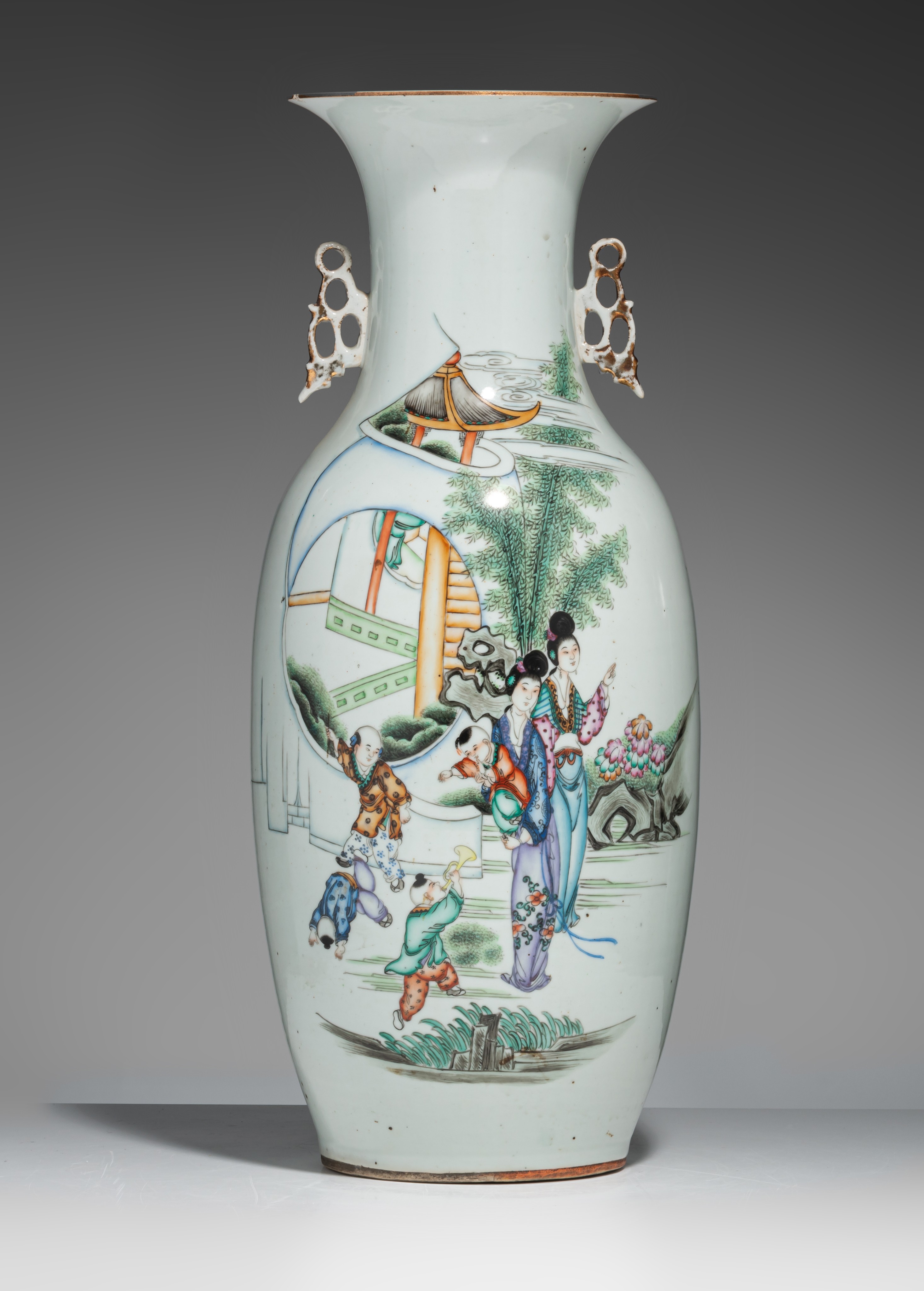 A Chinese famille rose figural vase, Republic period, H 57 cm - Image 2 of 7