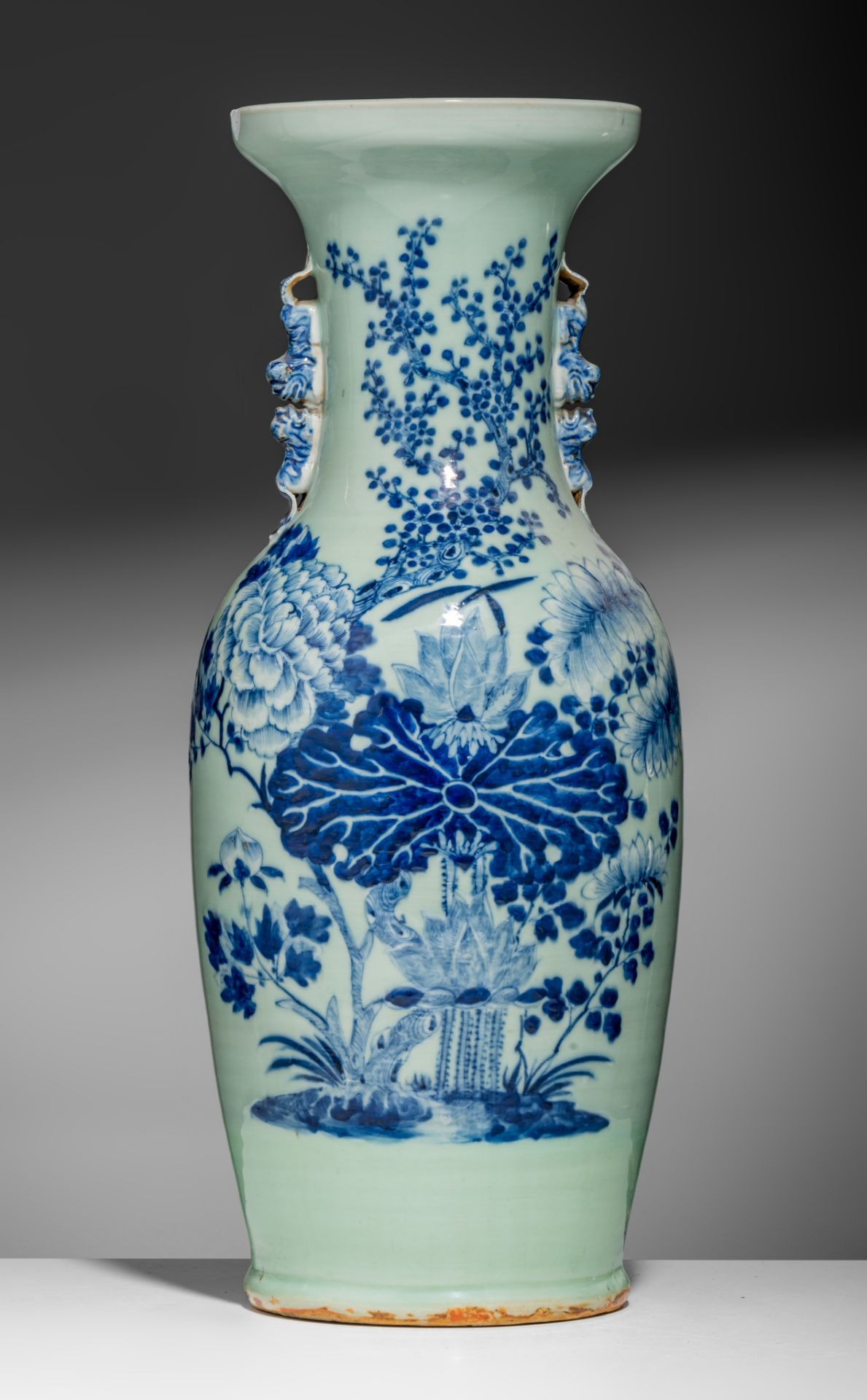 Three blue and white on celadon vases, 19thC, H 58 - 61 cm - Image 2 of 19