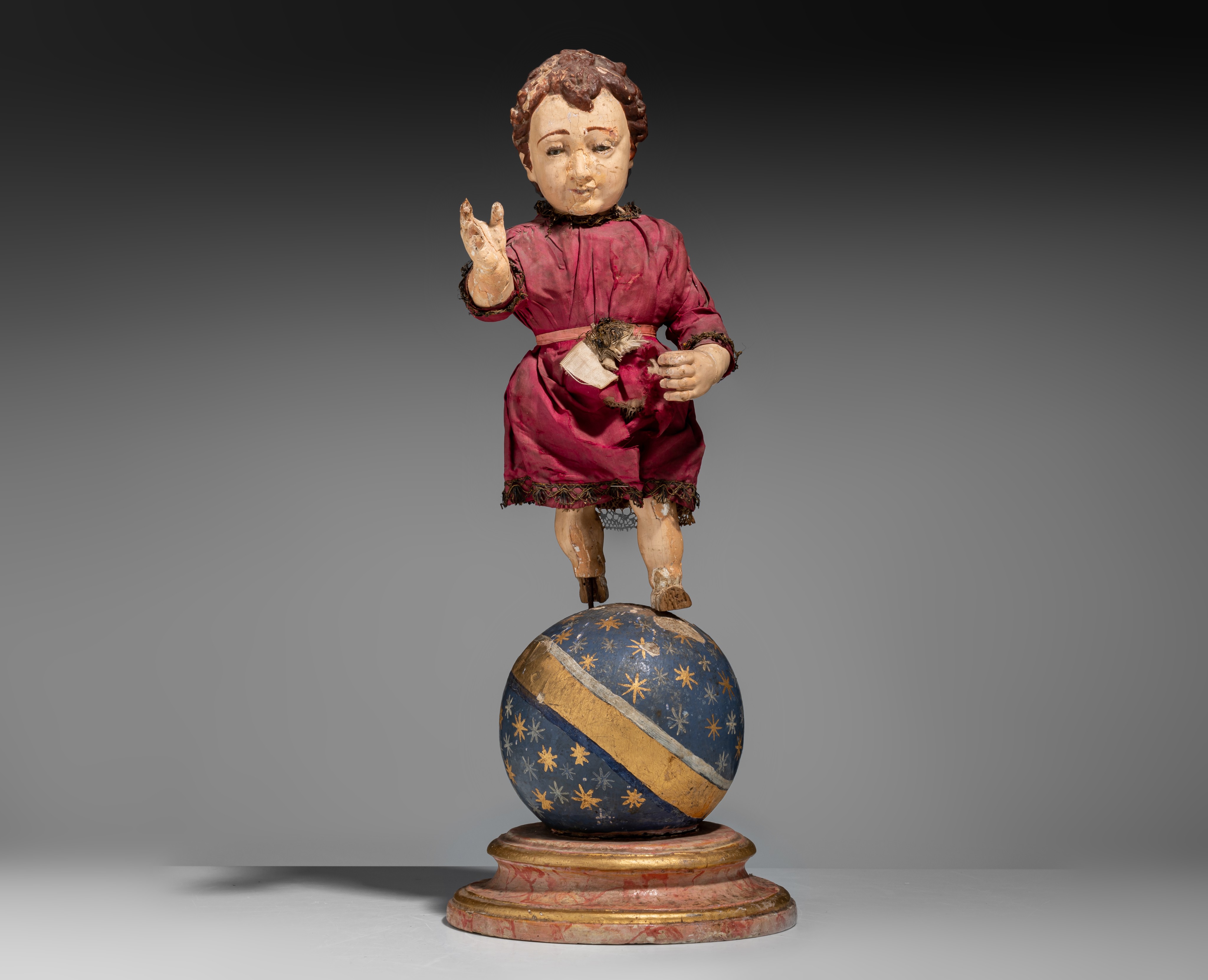 A polychrome wooden Child Jesus as the Salvator Mundi, 18thC, Iberian Peninsula, H 42,5 cm - Image 2 of 9