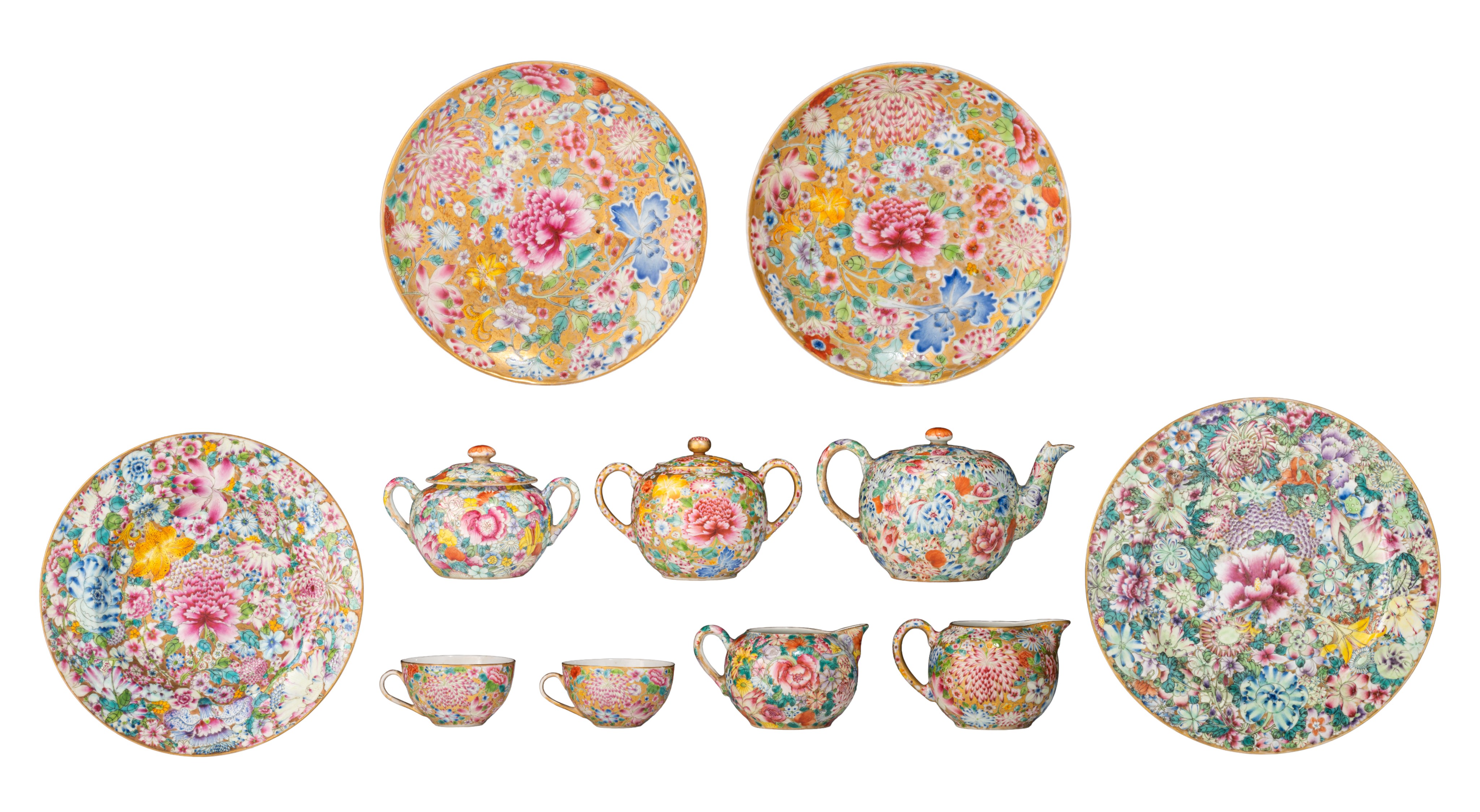 A Chinese famille rose millefleurs pattern coffee set, some marked Guangxu and of the period, some o