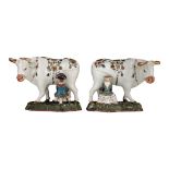 A pair of 18thC polychrome cold-painted Delft milking groups, H 16,5 cm