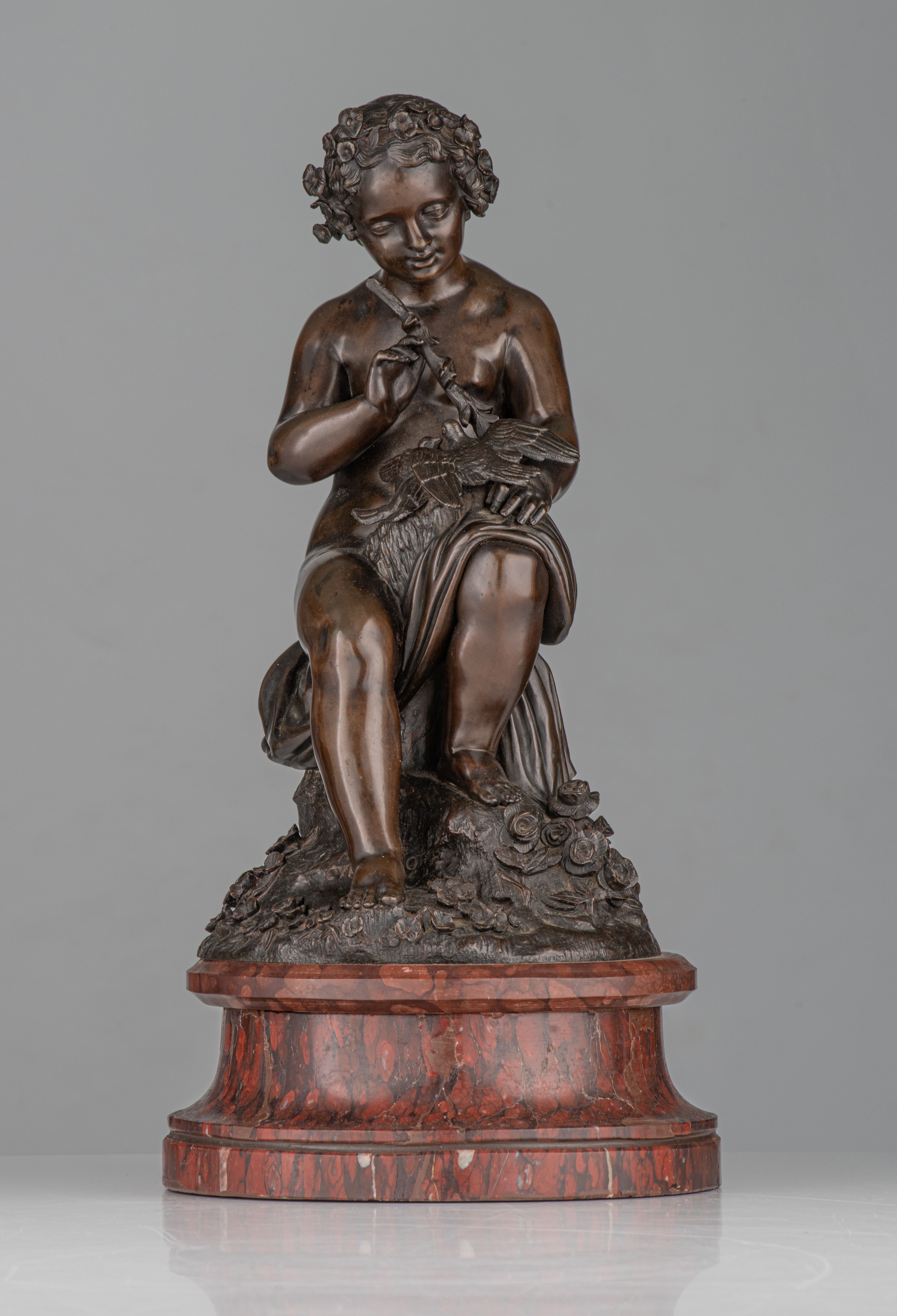 Cyprien Venot François, a patinated bronze sculpture of a putto with doves, H 42 cm - Image 2 of 8