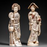 Two Japanese ivory okimonos of ladies,Taishô/Shôwa period, H 25,4 cm - 25,2 cm, 780g - 737 g (+)