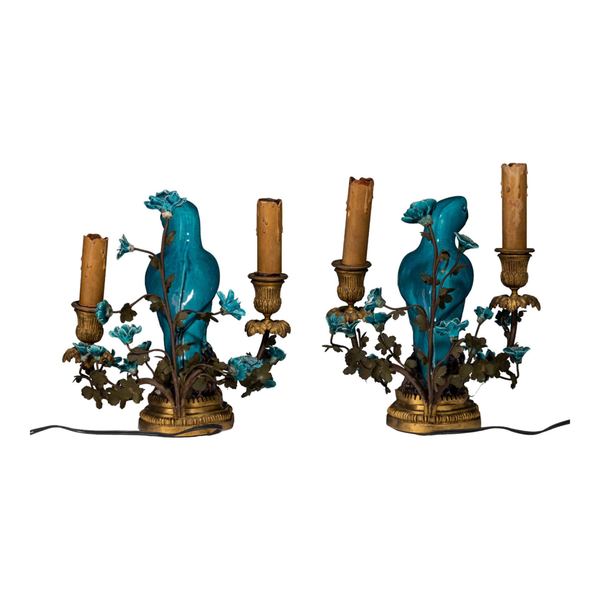 A pair of table lamps, brass-mounted porcelain parrots, marked Samson, late 19thC, H 26 - 28 cm - Image 4 of 12