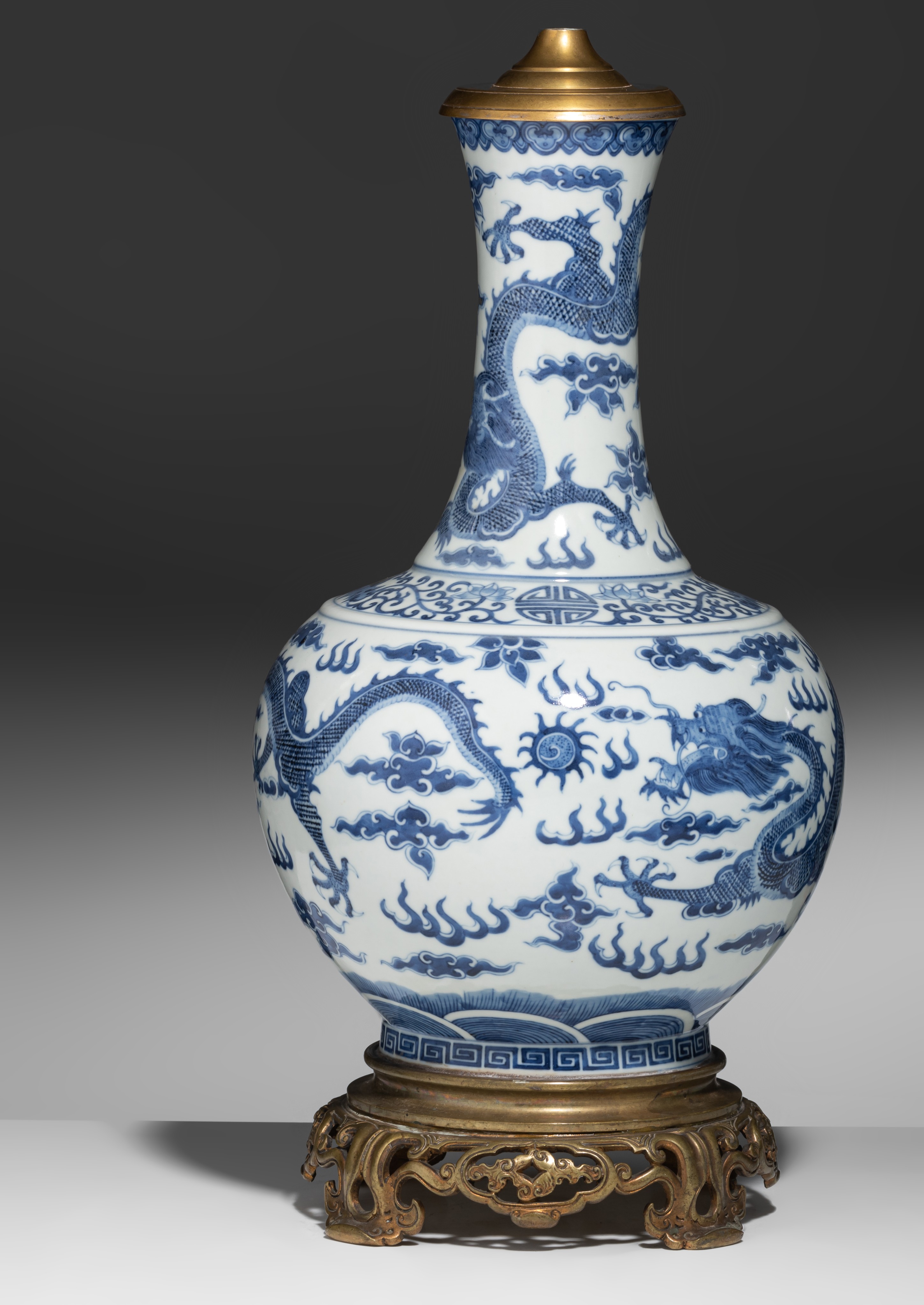A Chinese blue and white 'Dragons' bottle vase and bronze mounts, with a Guangxu mark, Total H 50 cm - Image 4 of 8