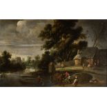 Attributed to Frans de Momper (1603-1660), landscape with figures near the water, 17thC, oil on canv