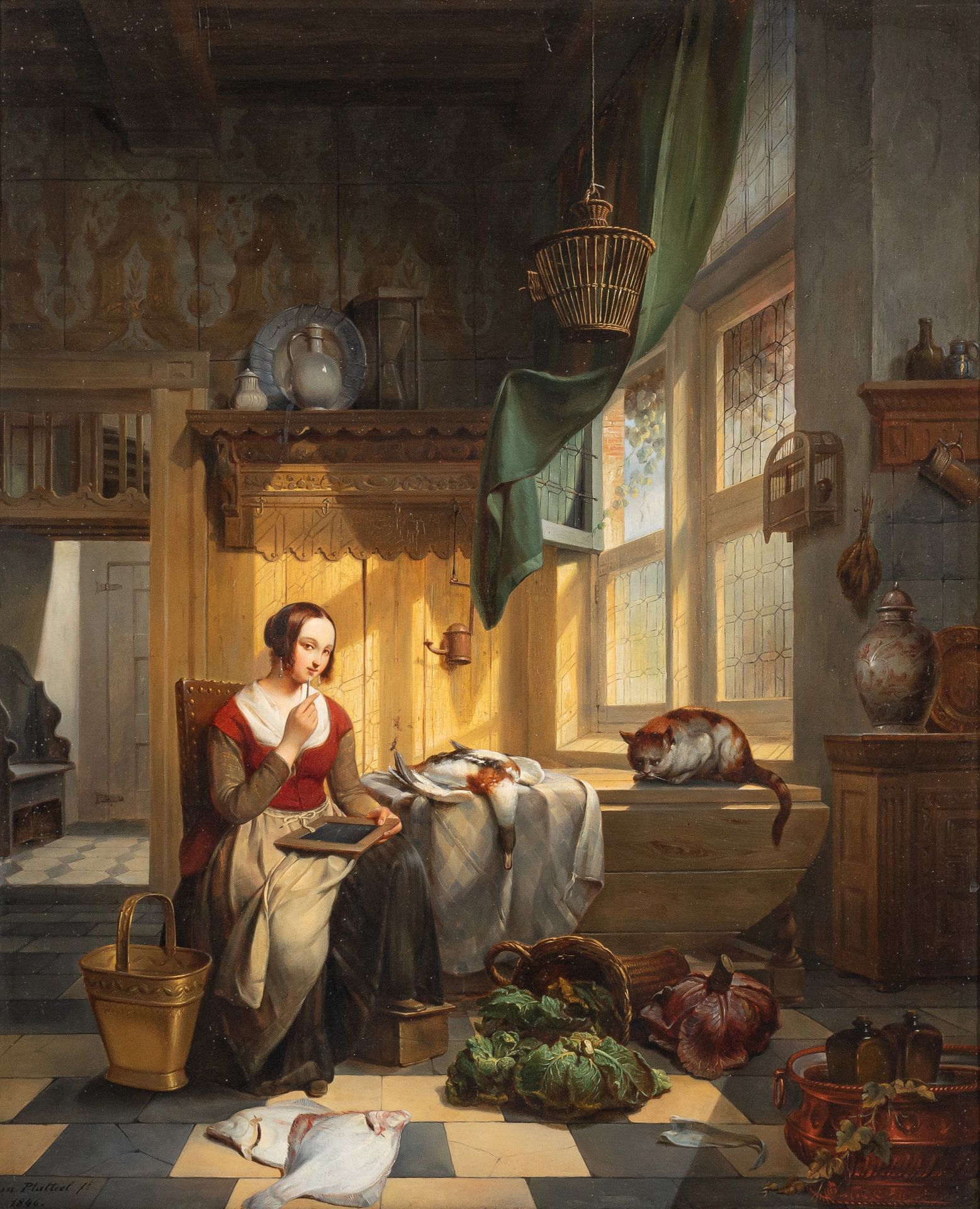 Jean Platteel (act. 1830-1870), a maid keeping books of the household stock, 1840, oil on panel, 55