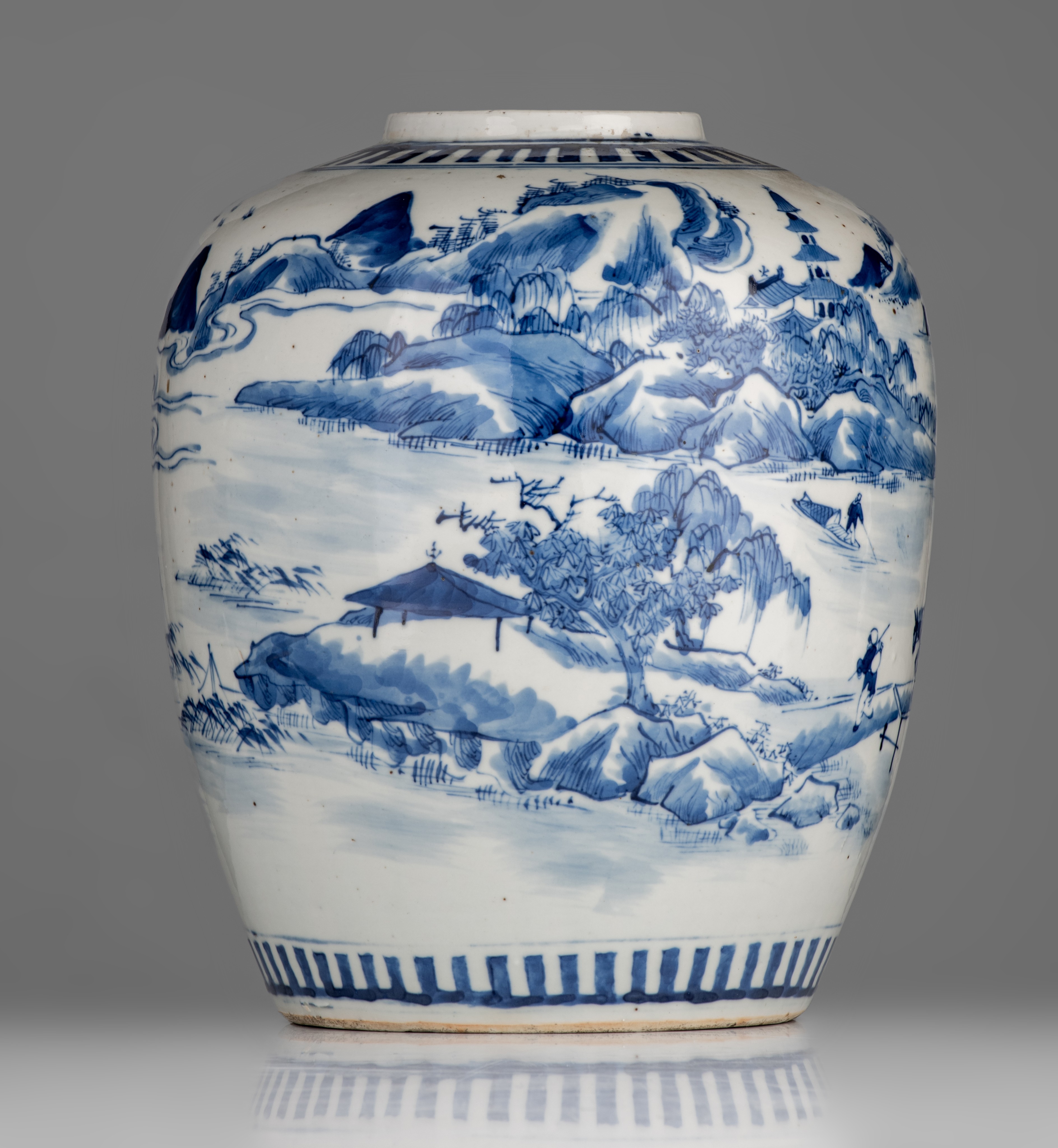 A Chinese blue and white Hu vase, paired with foliate handles, 19thC, H 44 cm - and a ditto jar, 19t - Image 10 of 13